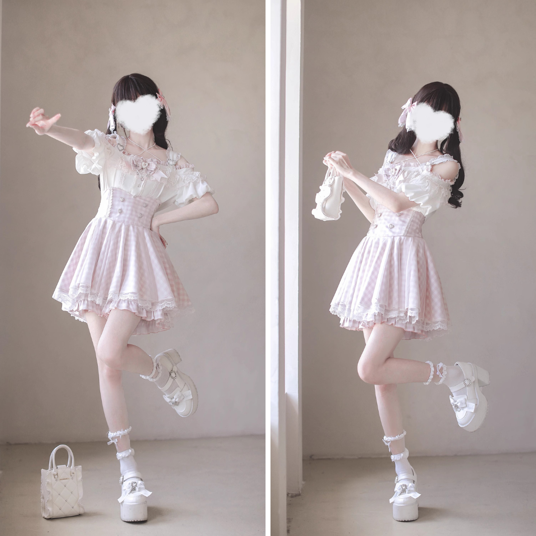 桃色のお嬢様のフリルトップスとコルセットスカート