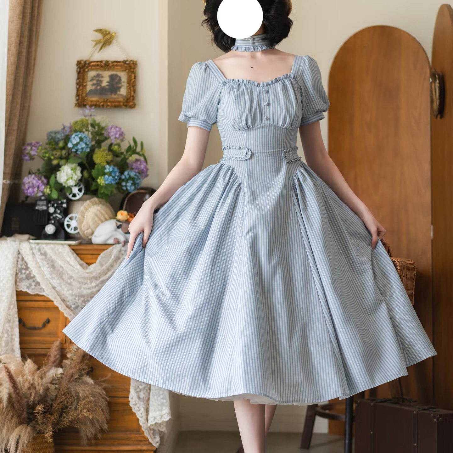 英国のお嬢様のクラシカルストライプワンピース - Ice Blue