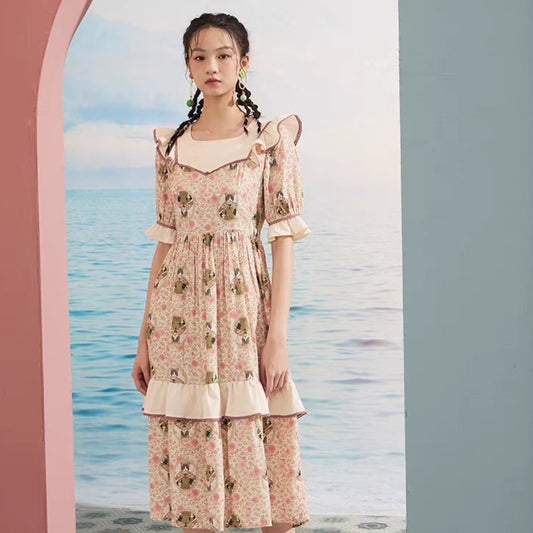 floral print ruffle slim tea break cat dress