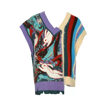 Retro V-neck Contrast Color Sweater Rabbit Vest 