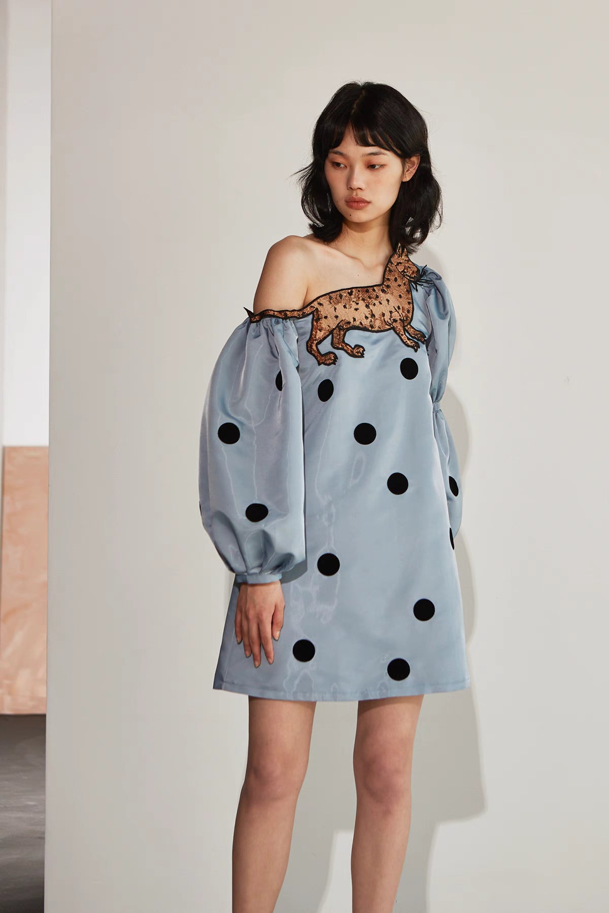 leopard cat polka dot oblique shoulder long sleeved dress 