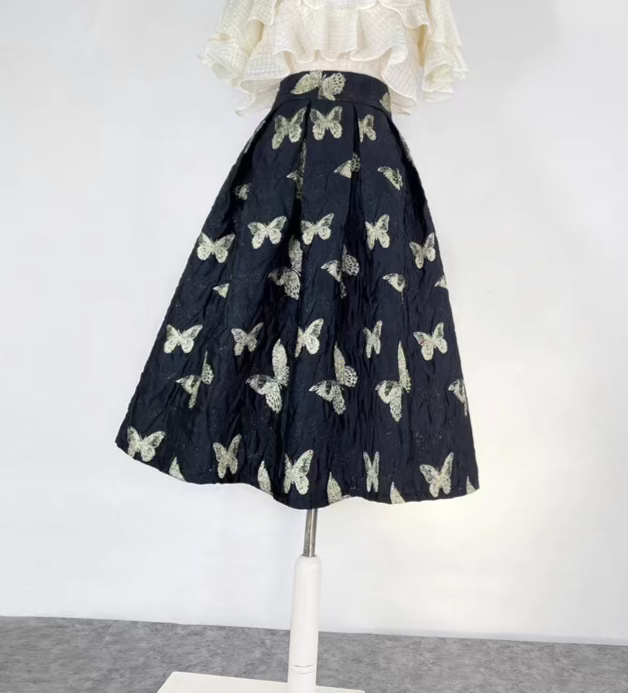 Butterfly retro embroidered high-waisted A-line fluffy skirt