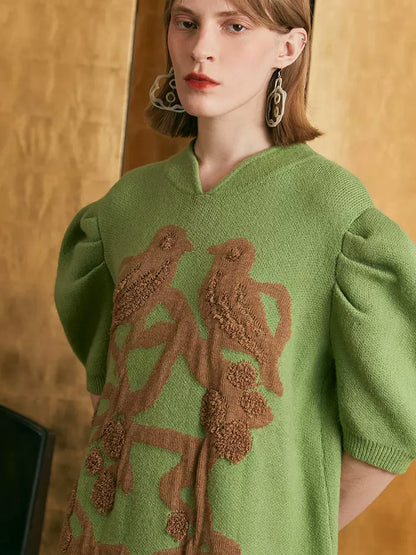 tassel flower and bird puff sleeve sweater dress