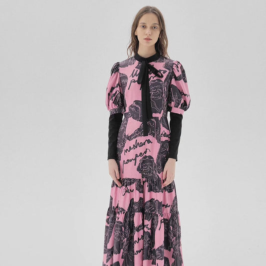 pink and ink portrait print lace dress