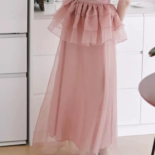 pink wasp waist pleated long skirt