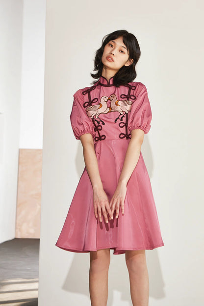 rose red bird embroidered buckle improved cheongsam dress 