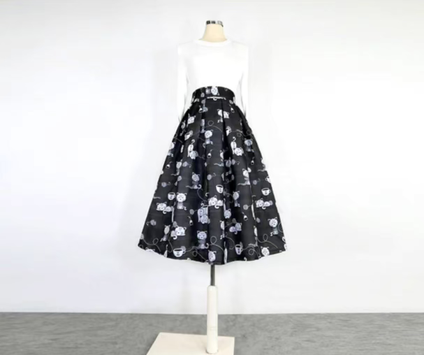 cat embroidered mid-length tutu skirt