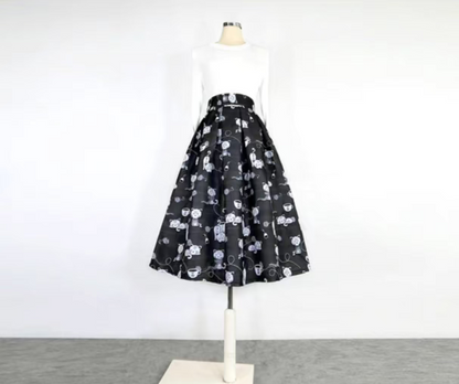 cat embroidered mid-length tutu skirt