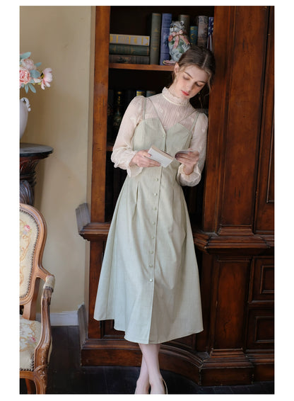 【日本国内発送、1週間以内にお届け】French strap dress ＆ embroidery lace blouse