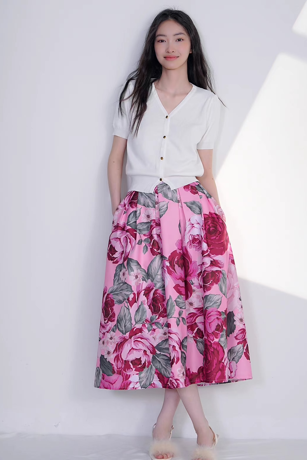 French elegant printed high-waisted skirt