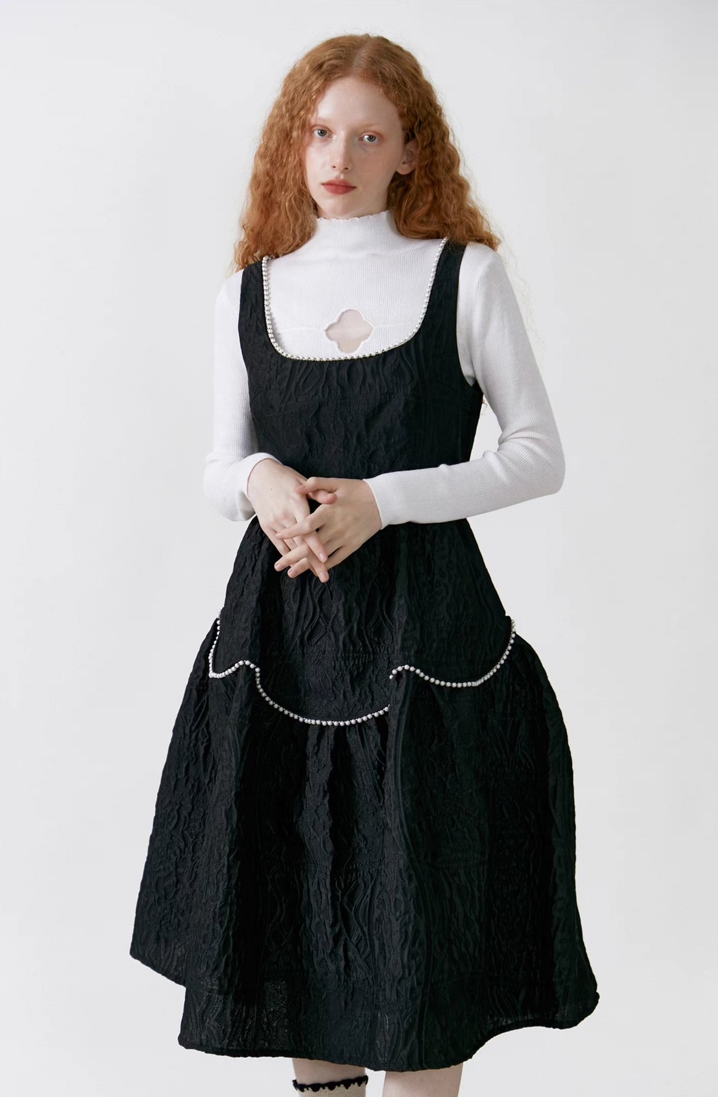 retro little black acrylic pearl trim sleeveless dress 