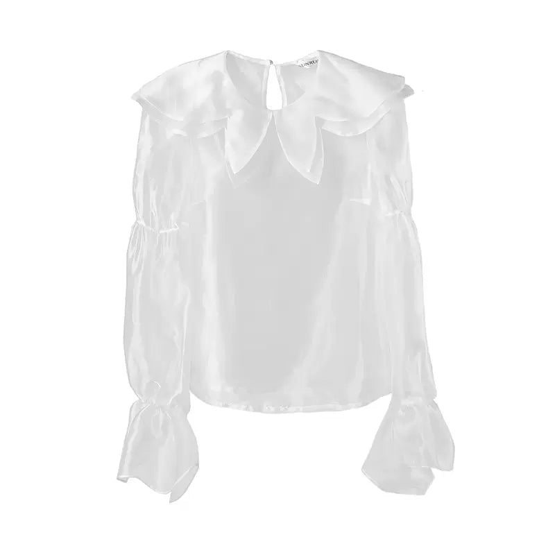 butterfly style double collar transparent organza shirt