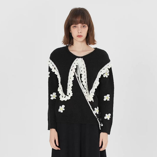 Lapel lace-up floral sweater 