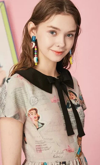 Retro Girl Print Color Bow Round Neck Dress