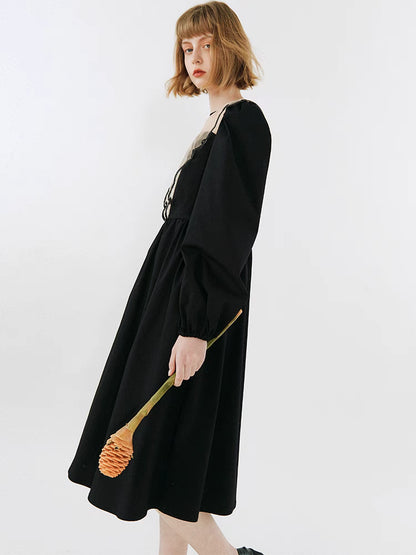 mesh hollow vase embroidery long sleeve dress 
