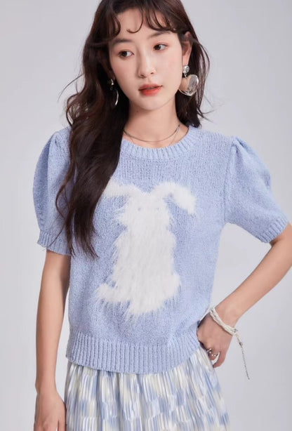rabbit mink fur round neck short-sleeved knitted T-shirt 