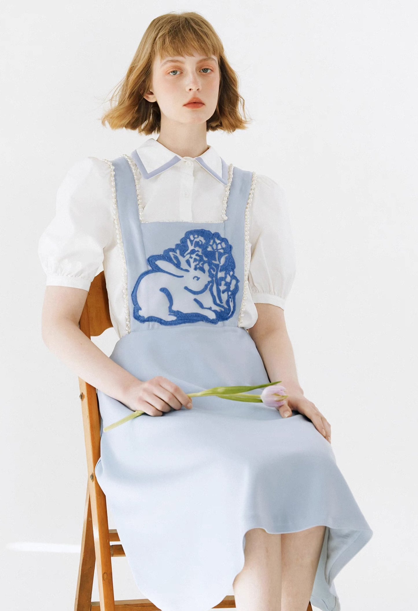light blue rabbit embroidery suspender skirt 