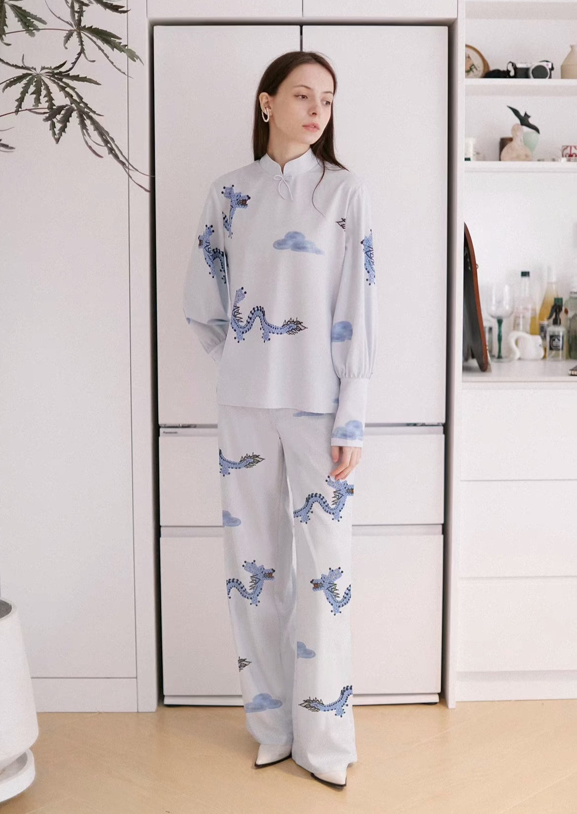 national style blue dragon cloud printed pants 