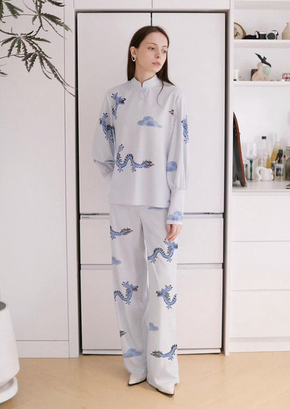 national style blue dragon cloud printed pants