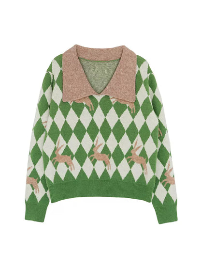 green diamond rabbit lapel sweater