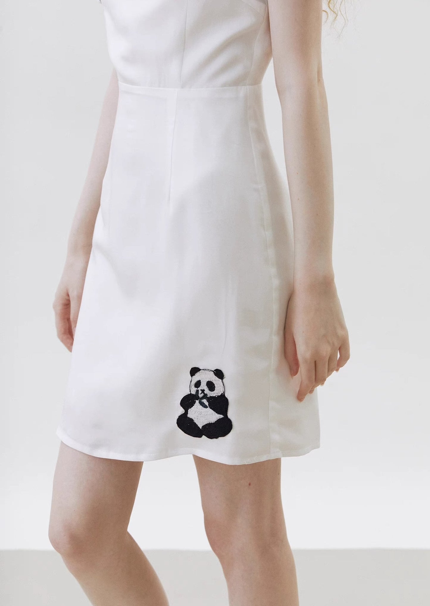oblique placket panda embroidered stand collar small white dress 