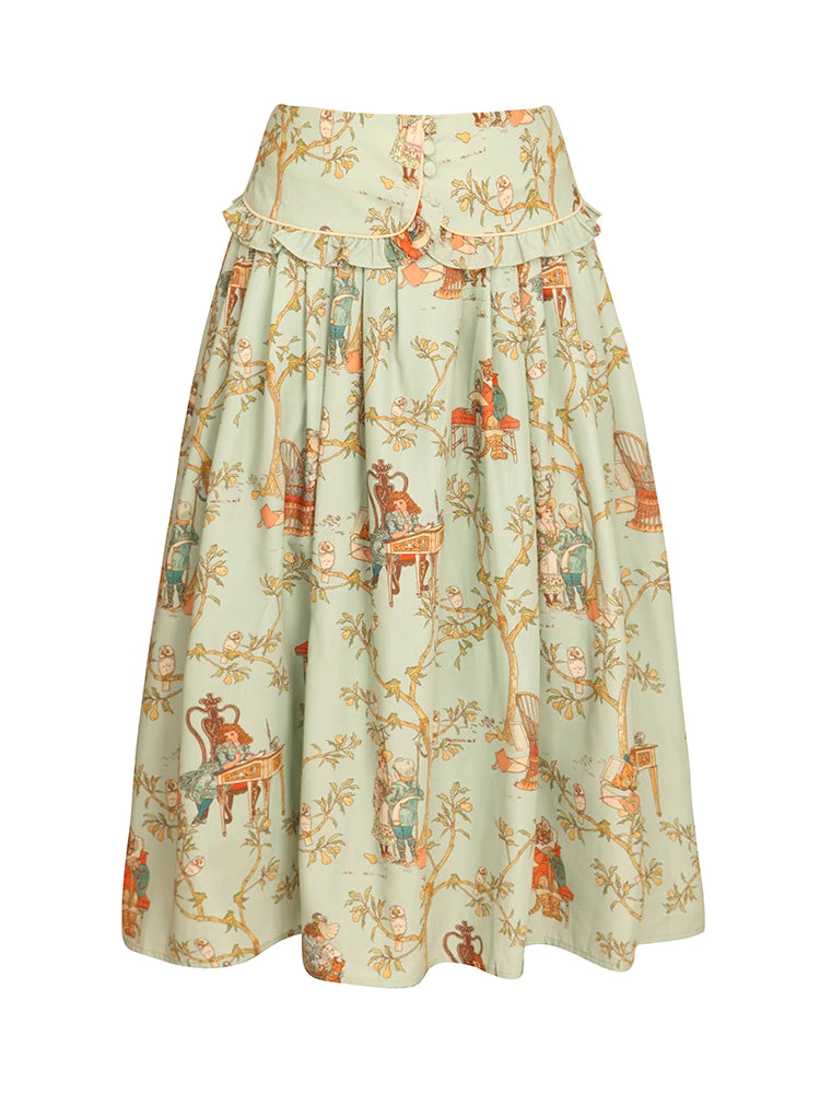 retro French waist hand-painted owl pleated skirt