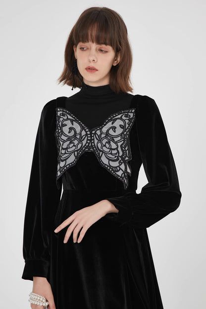 Square Neck Black Butterfly Velvet Long Sleeve Dress 
