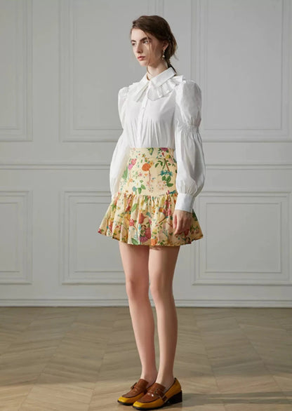 printed elastic waist pleated sweet short skirt