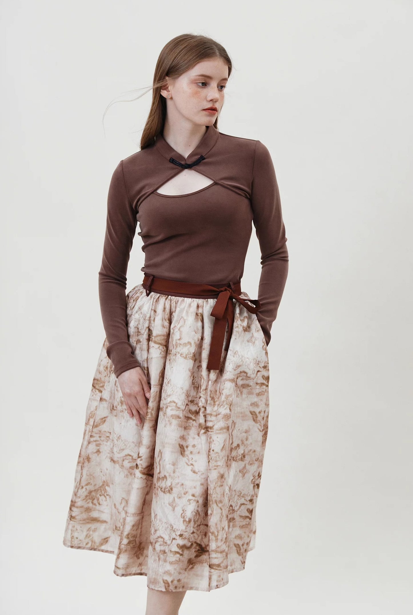 red and brown smudged lace skirt 