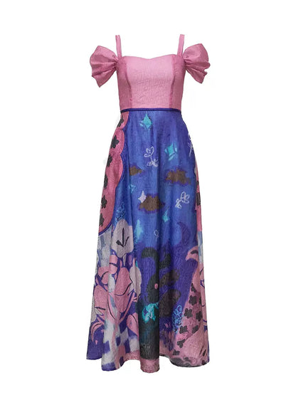 dreamy print blue and pink one shoulder dress 
