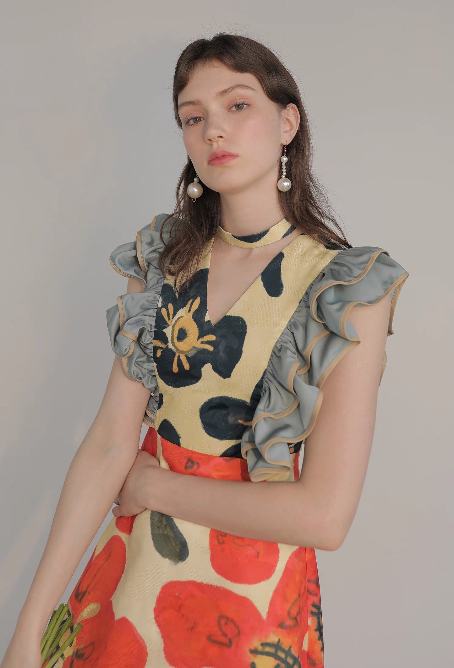 flower eye print collar and ear-trimmed dress