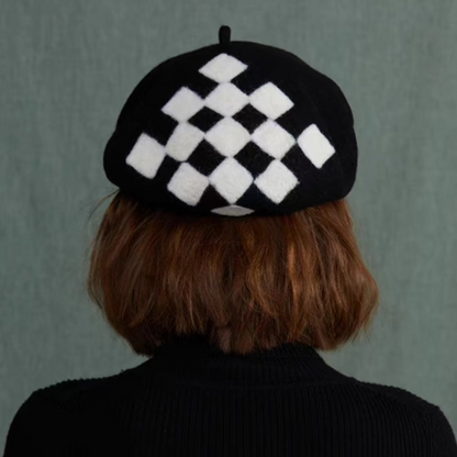 Checkerboard black and white square beret