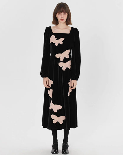 pink butterfly embroidered square collar velvet dress