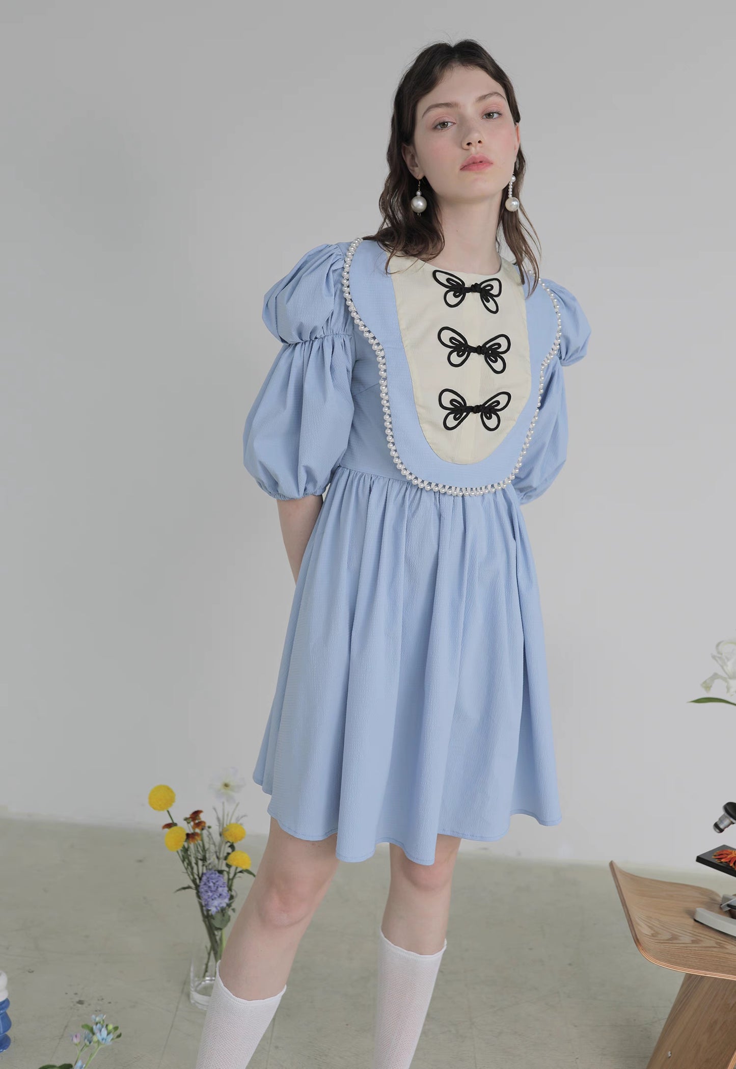 blue butterfly plate button short-sleeved dress 