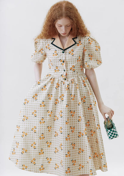 plaid fruit lapel retro dress 