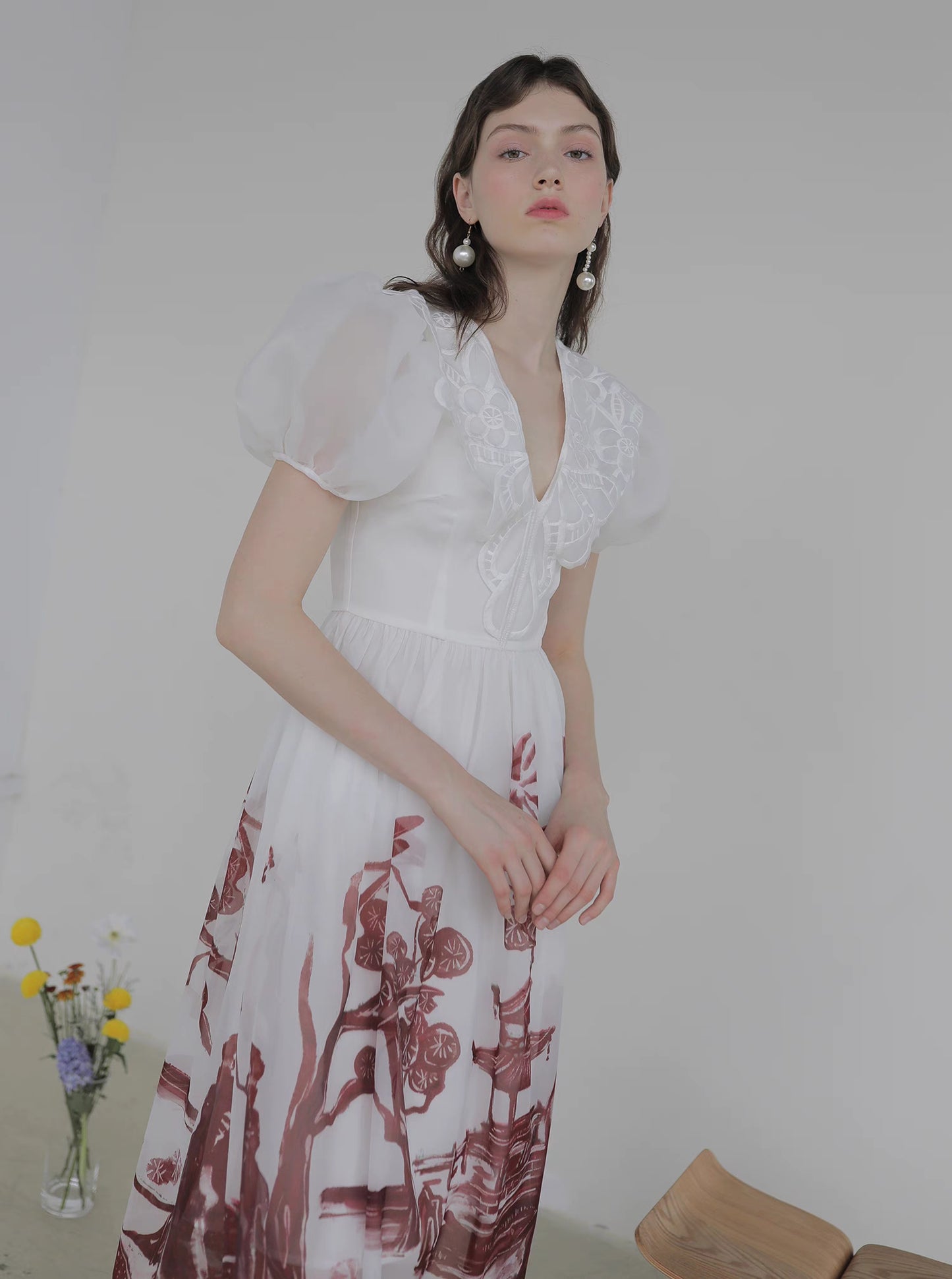 V-neck embroidered organza short-sleeved dress