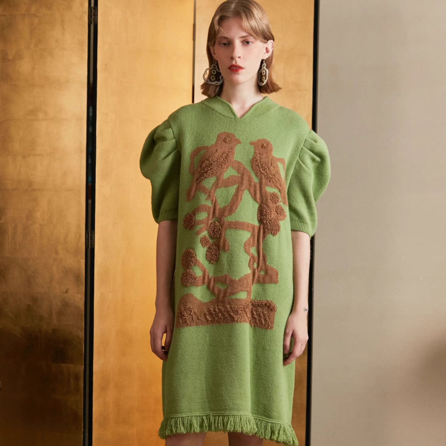 flower sweater dress tassel flower and bird puff sleeve sweater dress – remulia