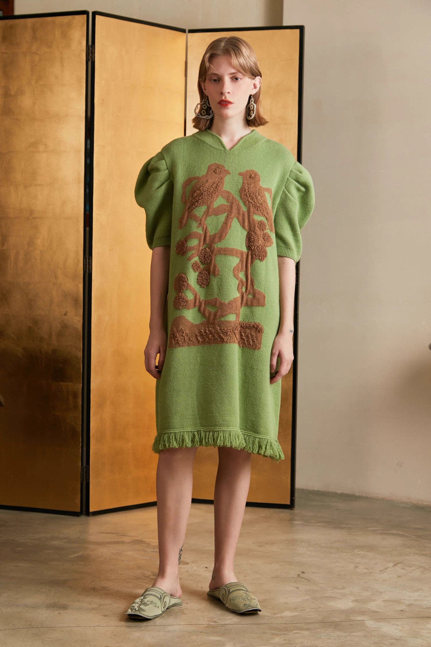 tassel flower and bird puff sleeve sweater dress tassel flower and bird puff sleeve sweater dress