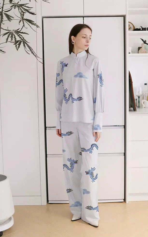 national style blue dragon cloud printed pants