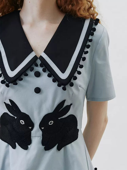 original black rabbit embroidered dress