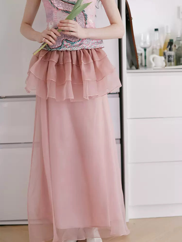 pink wasp waist pleated long skirt 