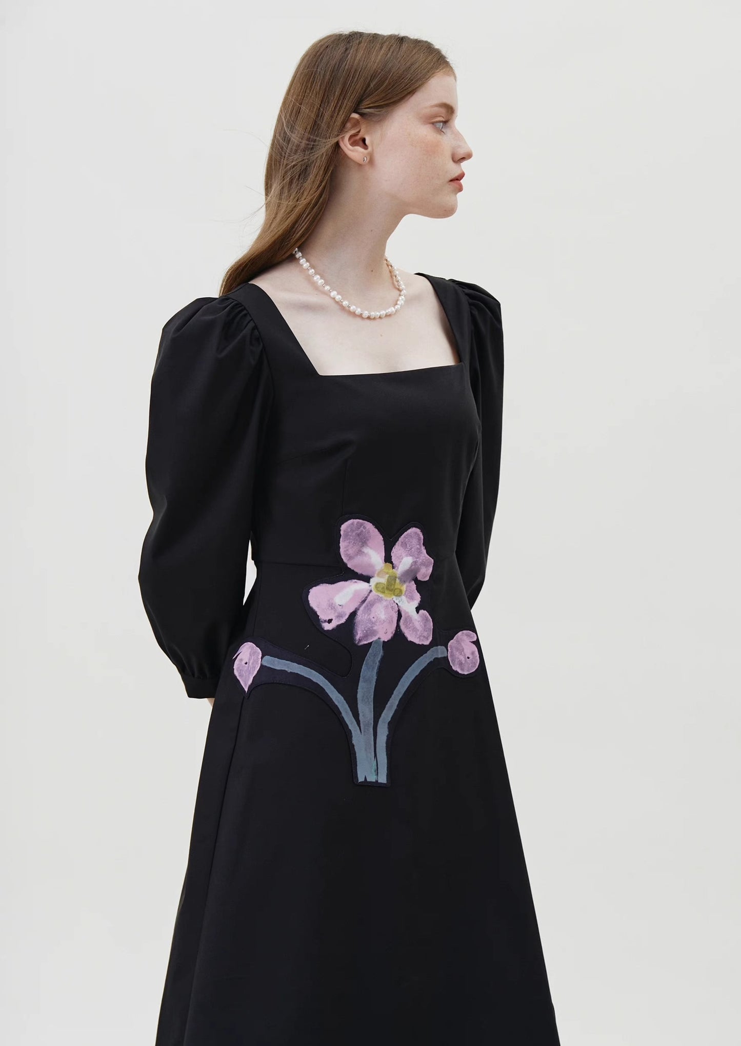 original pink and purple floral patch square collar dress 