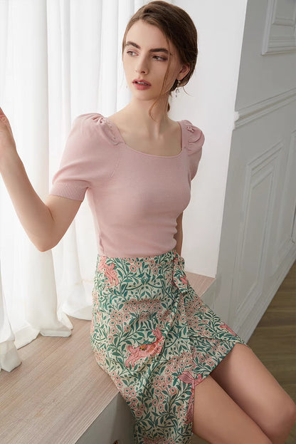 full-bottom rabbit floral print skirt