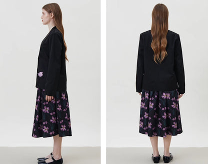 black collarless hand-painted flower patch jacket