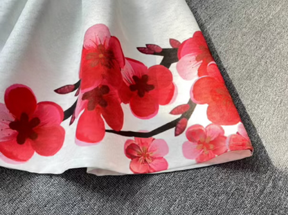 red plum blossom mid-length A-line skirt