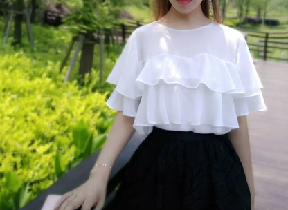 hazy round neck ruffled sleeves chiffon shirt