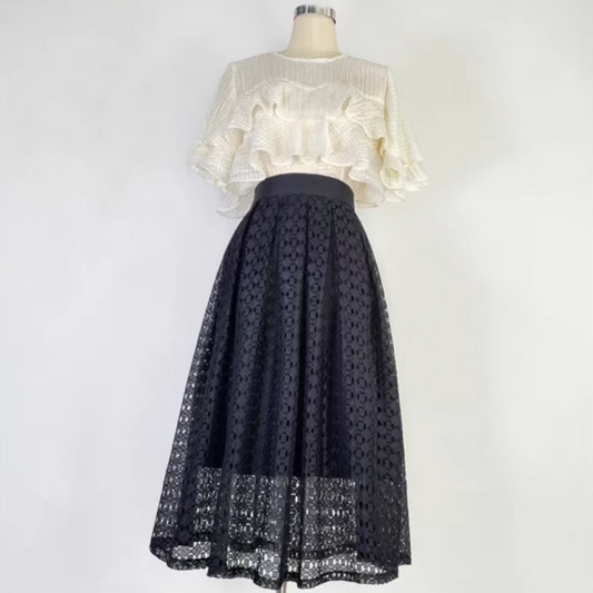 retro black patterned lace A-line drapey skirt