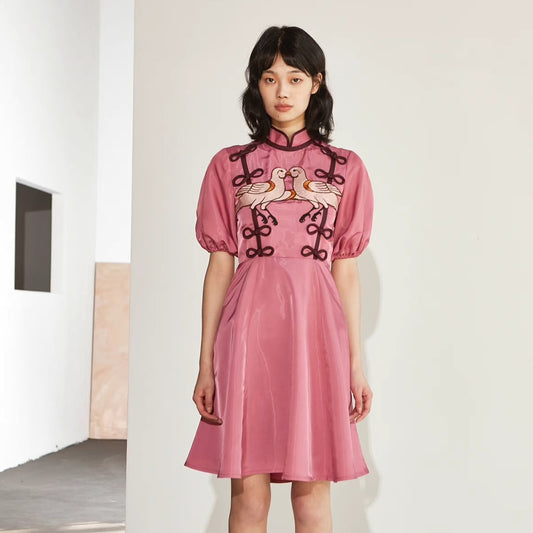 rose red bird embroidered buckle improved cheongsam dress 