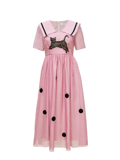 original cat polka dot preppy lapel dress