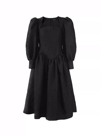 tutu black jacquard waist puff sleeve square neck dress